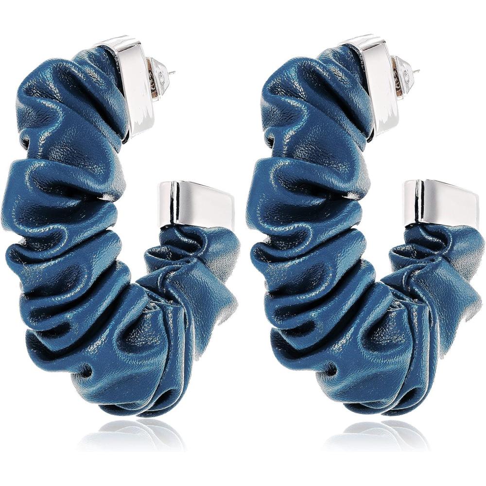imageVince Camuto Silvertone Blue Faux Leather Open C Hoop Earrings
