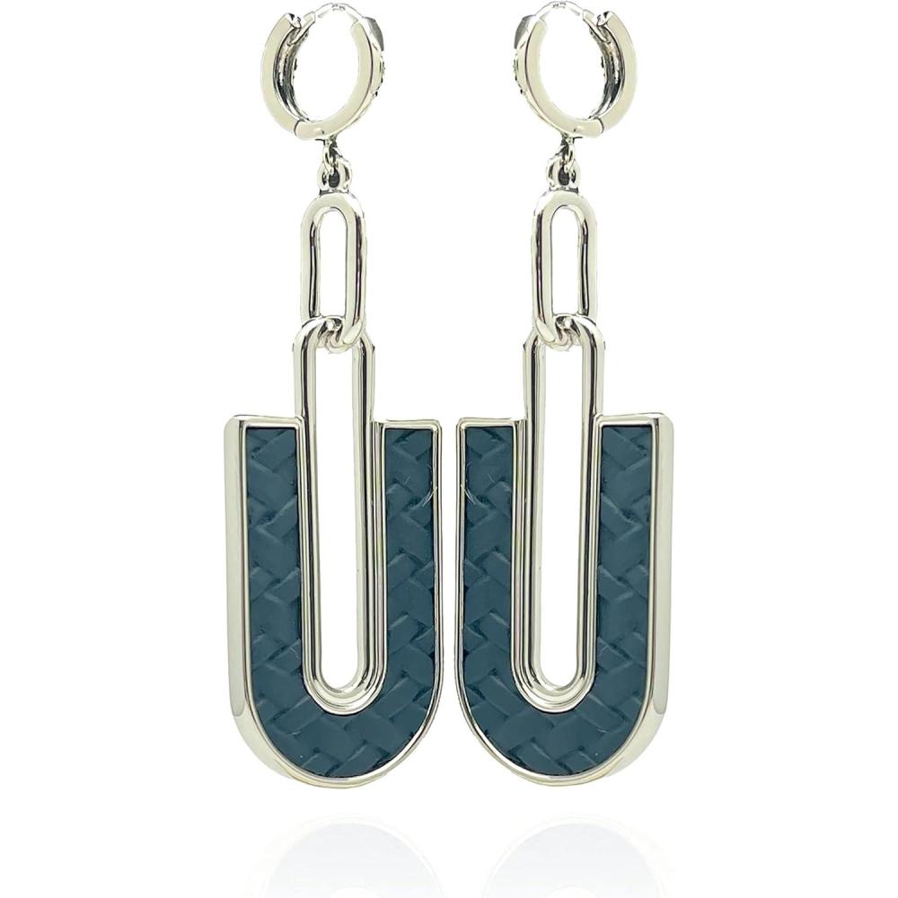 imageVince Camuto Silvertone Faux Leather Blue Woven Huggie Drop Earrings