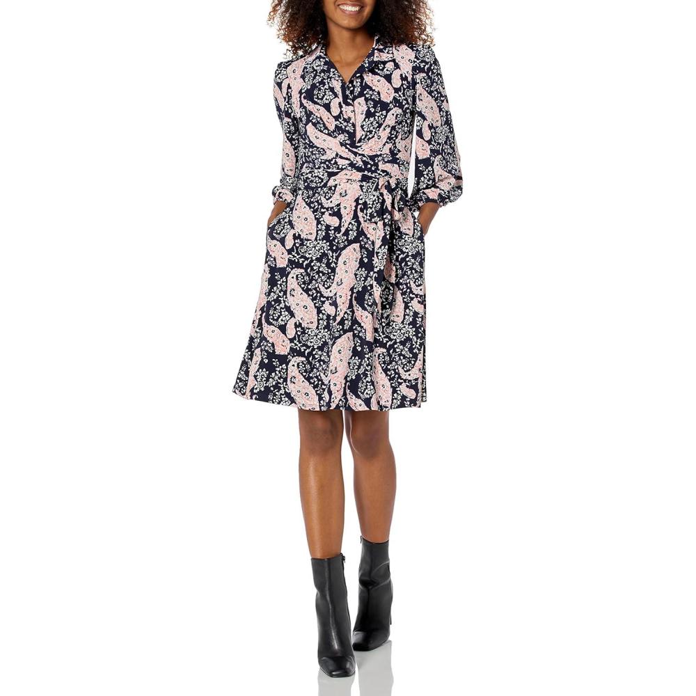 imageVince Camuto Womens Collared VNeck Knee Length Wrap DressNavy Muti