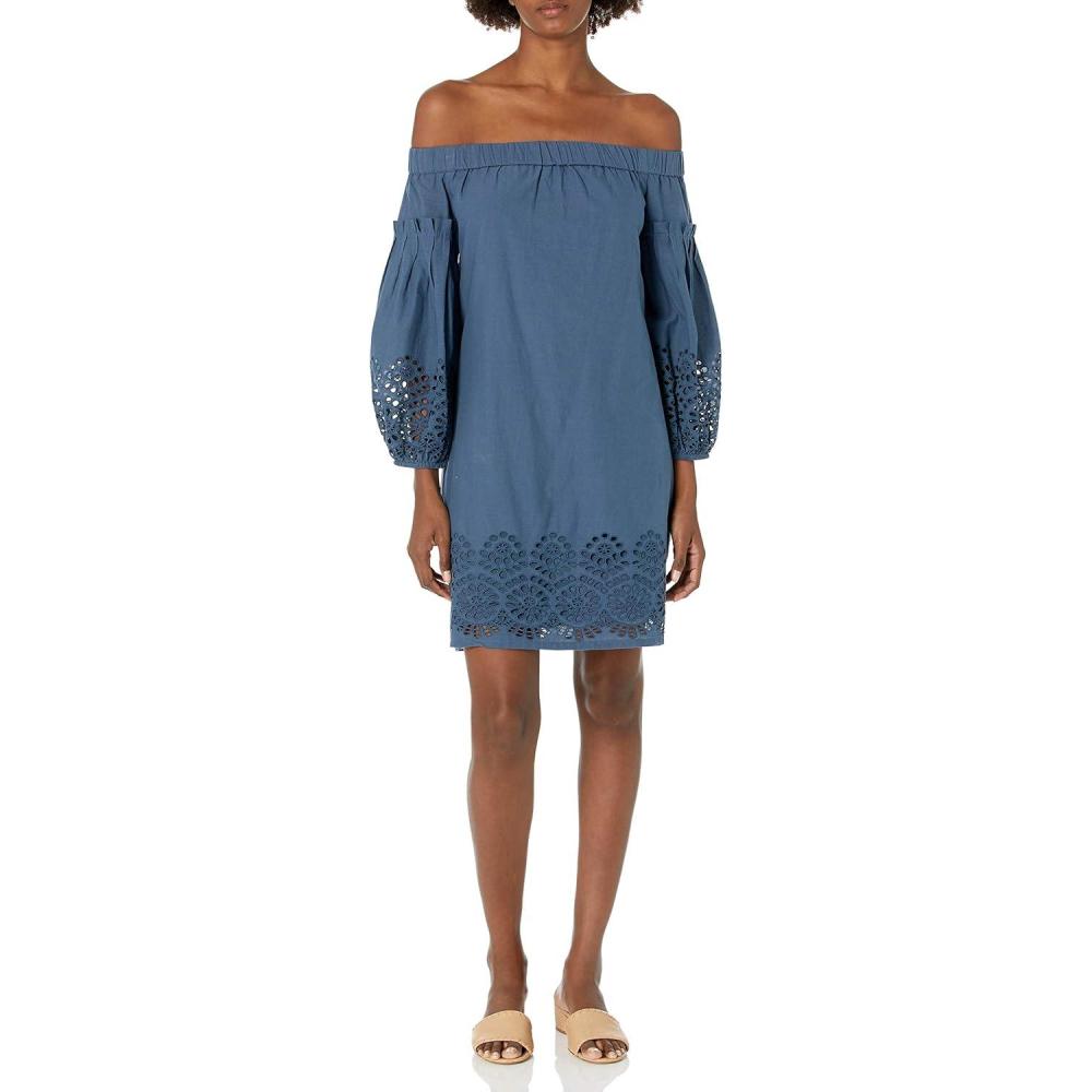 imageVince Camuto Womens Cotton Eyelet Off The Shoulder Balloon Sleeve Shift DressNavy