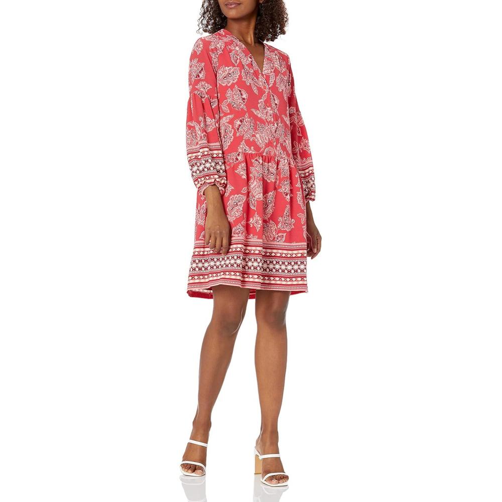 imageVince Camuto Womens Pebble Crepe Button Down Balloon Sleeve ShirtdressCoral