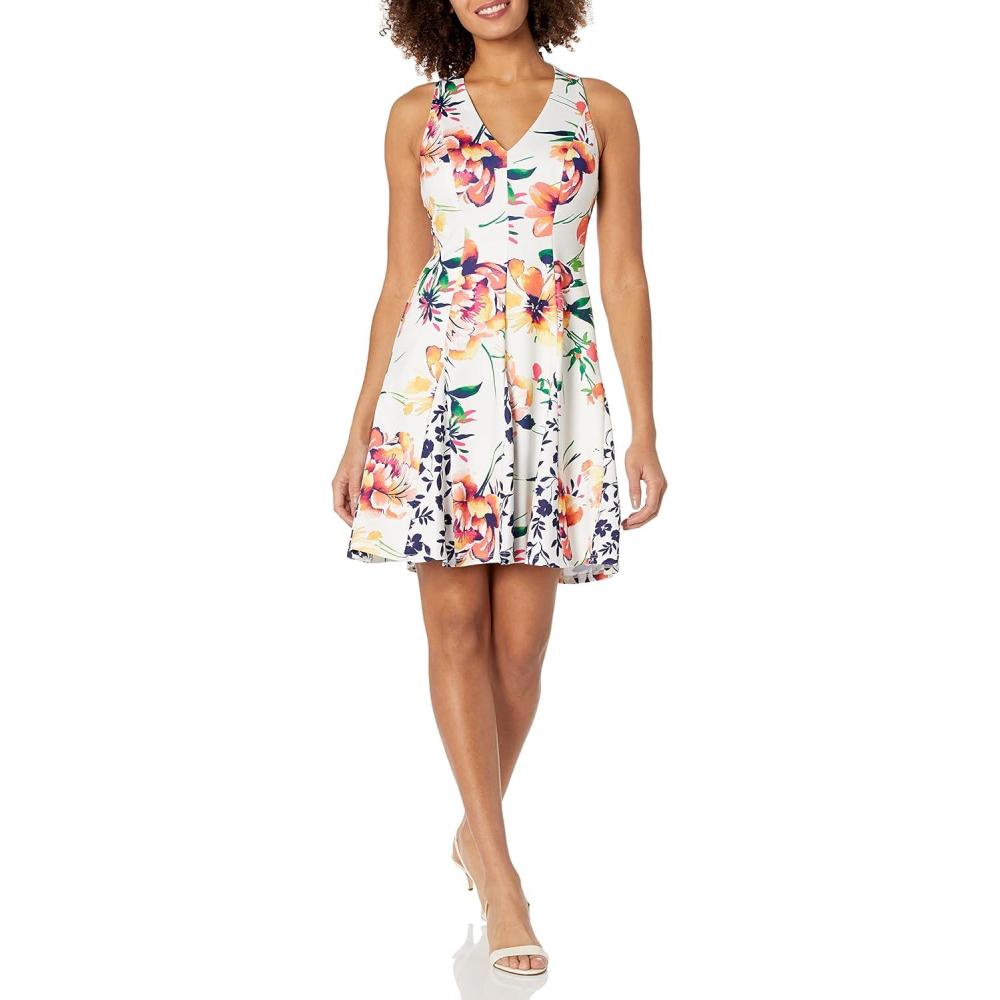 imageVince Camuto Womens Printed Scuba Fit and Flare Dress with Combo GodetsIvory