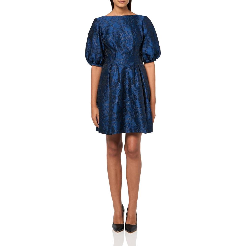 imageVince Camuto Womens Puff Sleeve Boat Neck Jaquard Mini DressNavy