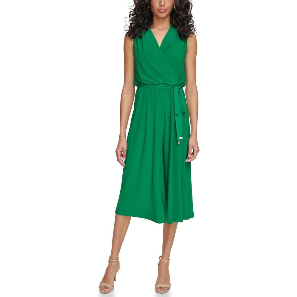 imageVince Camuto Womens Sleeveless Vneck Tie Waist Capri JumpsuitGreen