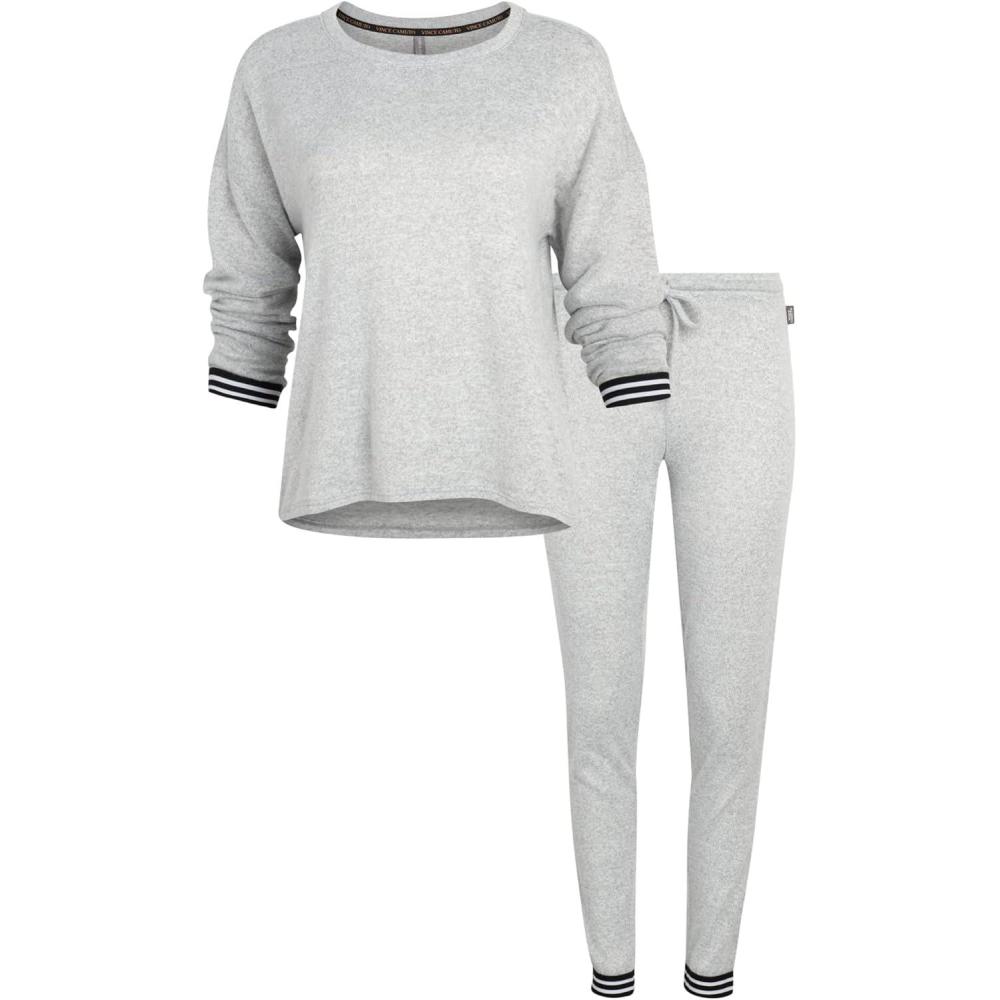 imageVince Camuto Womens Super Soft Hacci Long Sleeve and Pant Lounge Set Heather Gray with Black Stripe Trim Medium