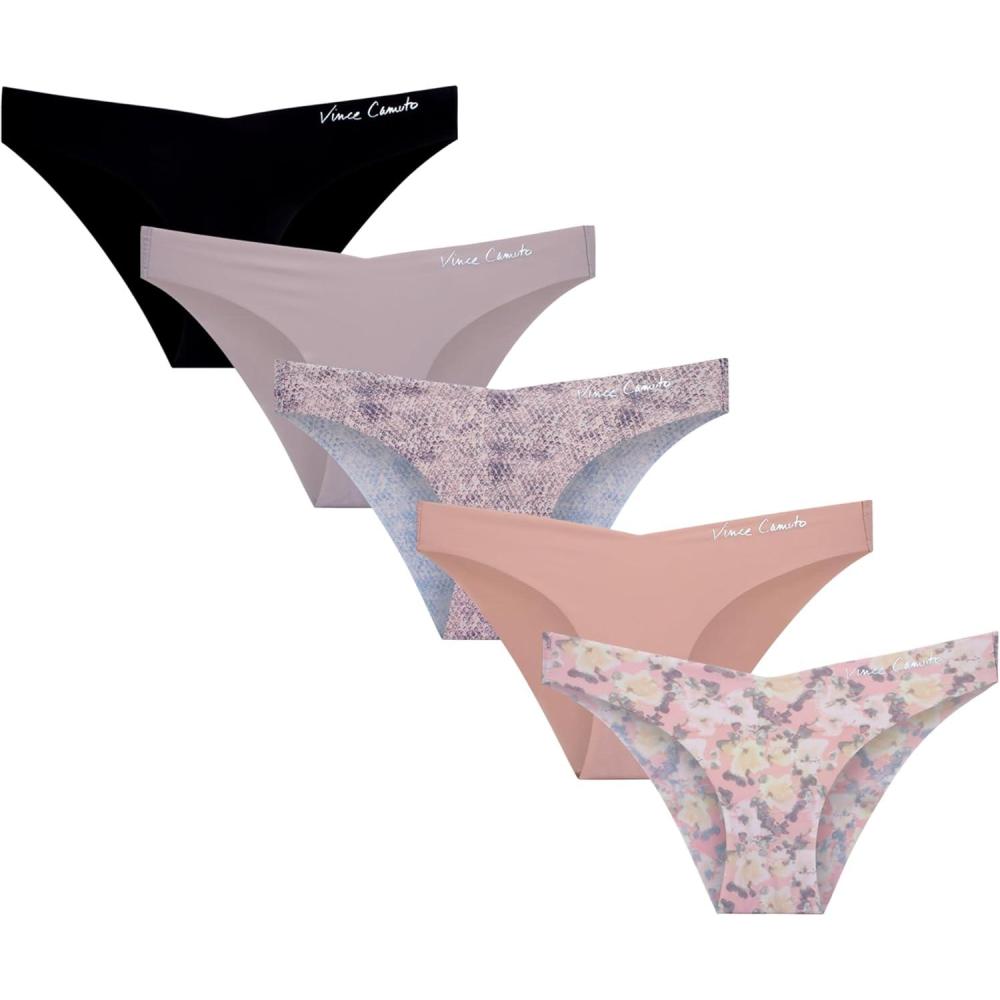 imageVince Camuto Womens Underwear Seamless Bikini No Show Breathable Ladies Panties Soft and Stretchy Ropa Interior 5 PackFlowerRoseGeometricBlackAsh