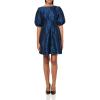 Vince Camuto Women’s Puff Sleeve Boat Neck Jaquard Mini Dress(Navy)