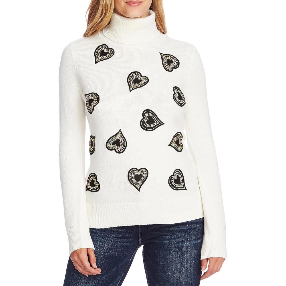 imageVince Camuto Womens Heart Embellished Turtleneck SweaterAntique White