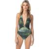 Vince Camuto Women’s Standard Plunge Halter One Piece Swimsuit with Hardware Detail(Midnight Waves Deep Sea)