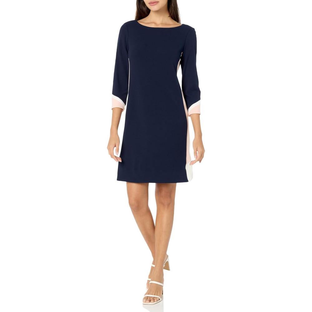 imageVince Camuto Womens 34 Sleeve Boat Neck Scuba Crepe Shift Mini DressNavy Multi