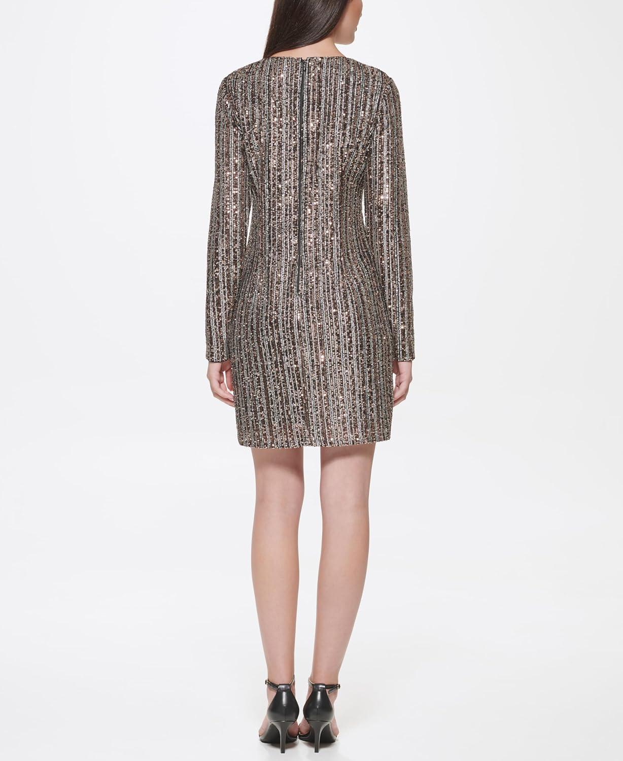 imageVince Camuto Womens Long Sleeve High Neck Sequin Shift Mini DressBronze