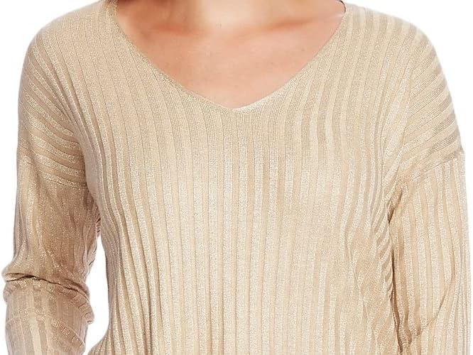 imageVince Camuto Womens Rib Stripe Lurex VNeck SweaterFlax Heather