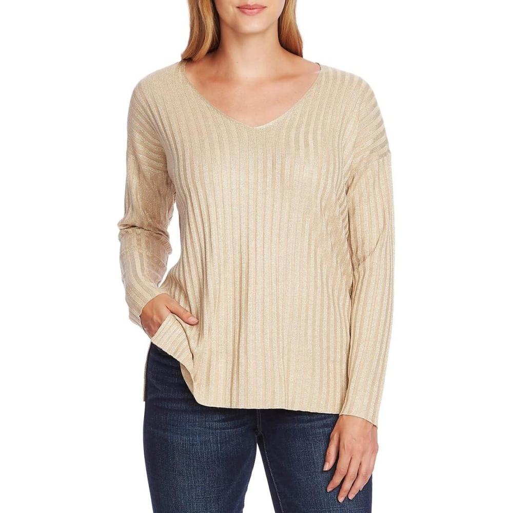 imageVince Camuto Womens Rib Stripe Lurex VNeck SweaterFlax Heather