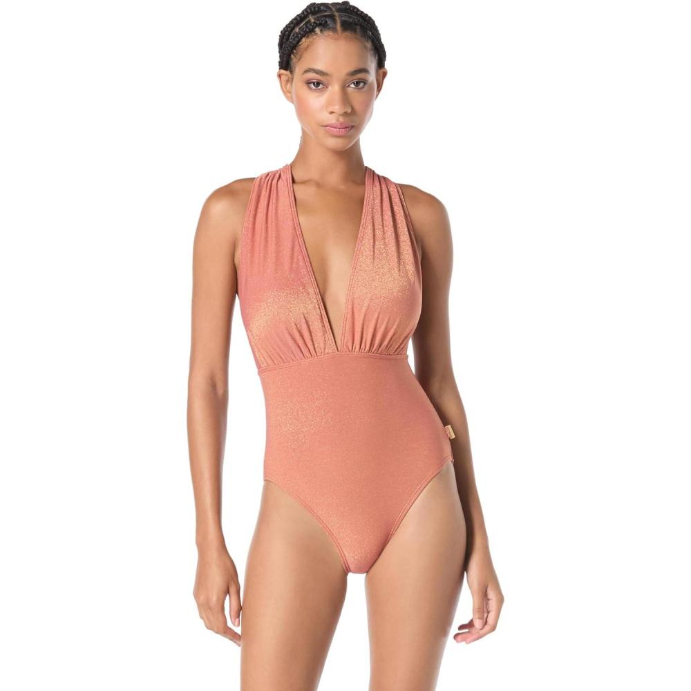 imageVince Camuto Womens Plunge Neck One Piece SwimsuitAlmond