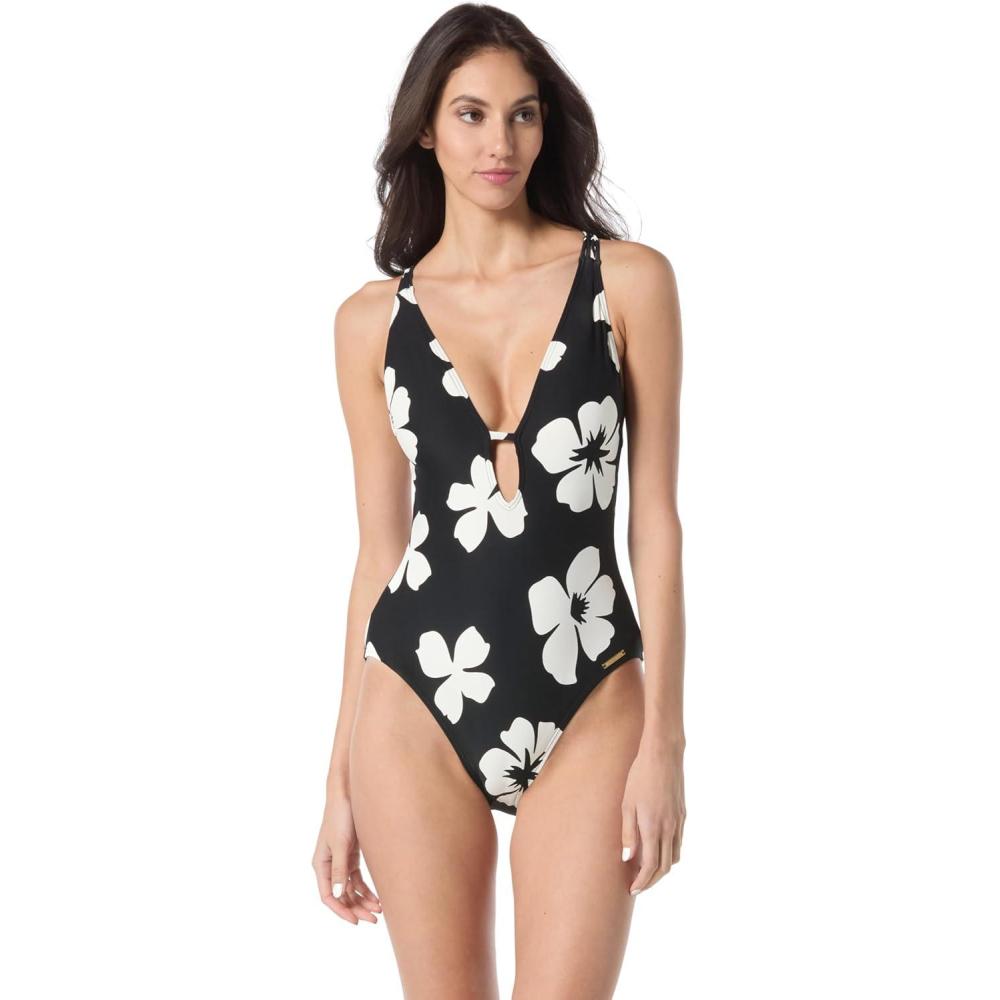 imageVince Camuto Womens Plunge VNeck One Piece SwimsuitBlack