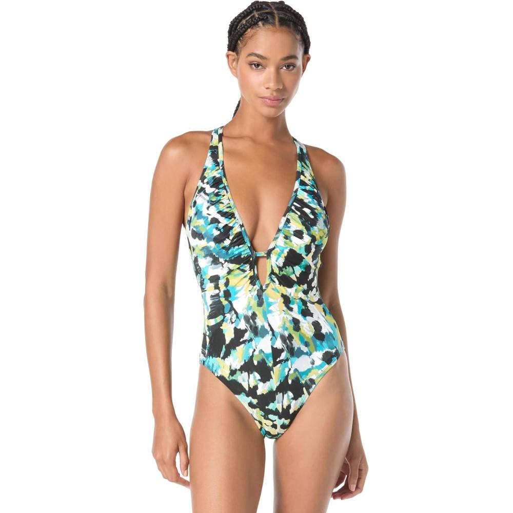imageVince Camuto Womens Plunge VNeck One Piece SwimsuitBlue Multi