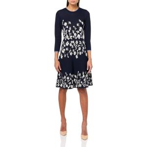 Vince Camuto Women’s 3/4 Sleeve High Neck Knit A-Line Mini Dress(Navy)
