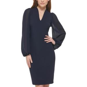 Vince Camuto Womens Stretch Crepe Bodycon Dress with Chiffon Balloon Sleeves(Navy)