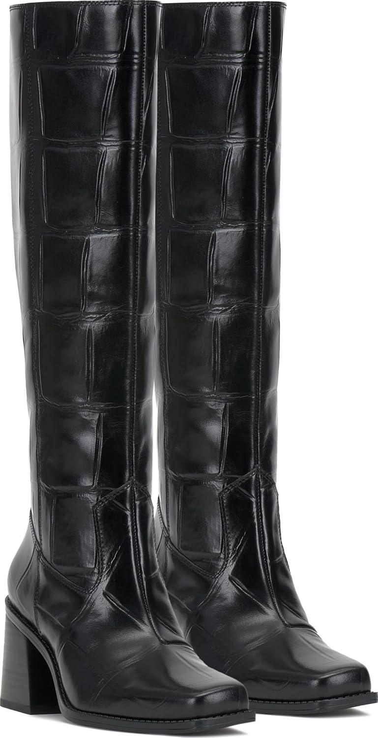 image:imageVince Camuto Sangeti Extra Wide Calf Heel Knee High BootBlack Croco Leather Wide Calf