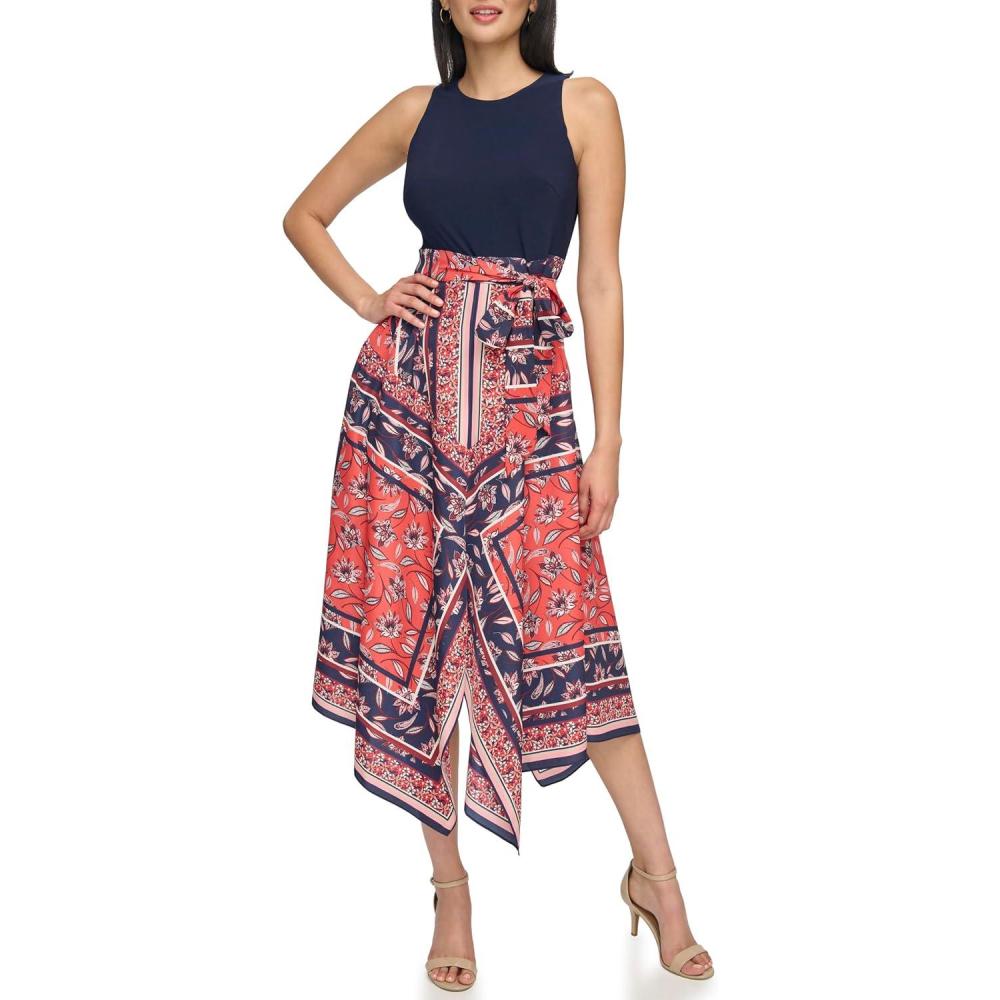 image:imageVince Camuto Womens Sleeveless High Neck Tie Waist Handkerchief Midi DressPlum