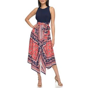 Vince Camuto Women’s Sleeveless High Neck Tie Waist Handkerchief Midi Dress(Plum)