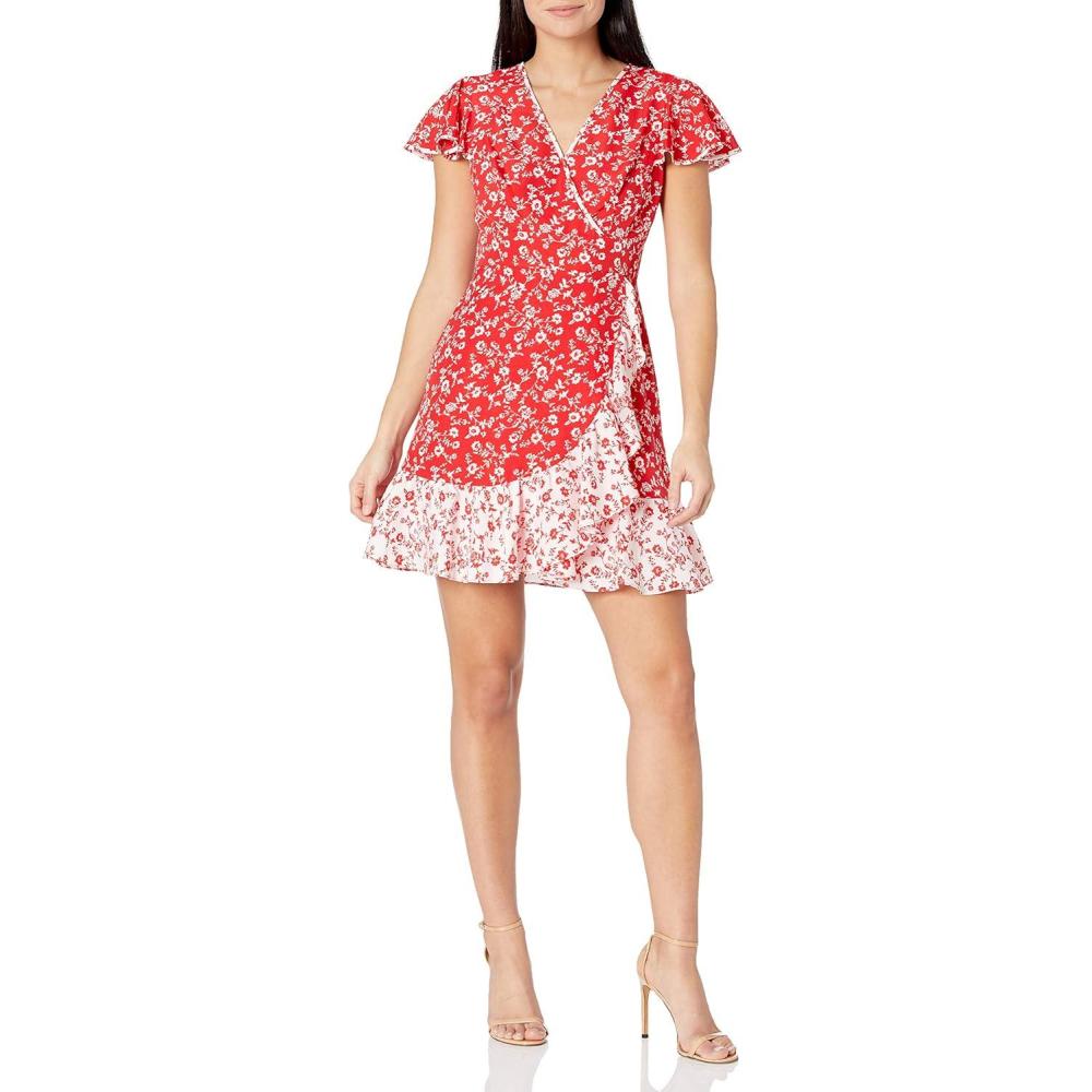 image:imageVince Camuto Womens Petite Printed CDC Faux Wrap Fit and Flare Dress with Contrast Ruffle HemRed