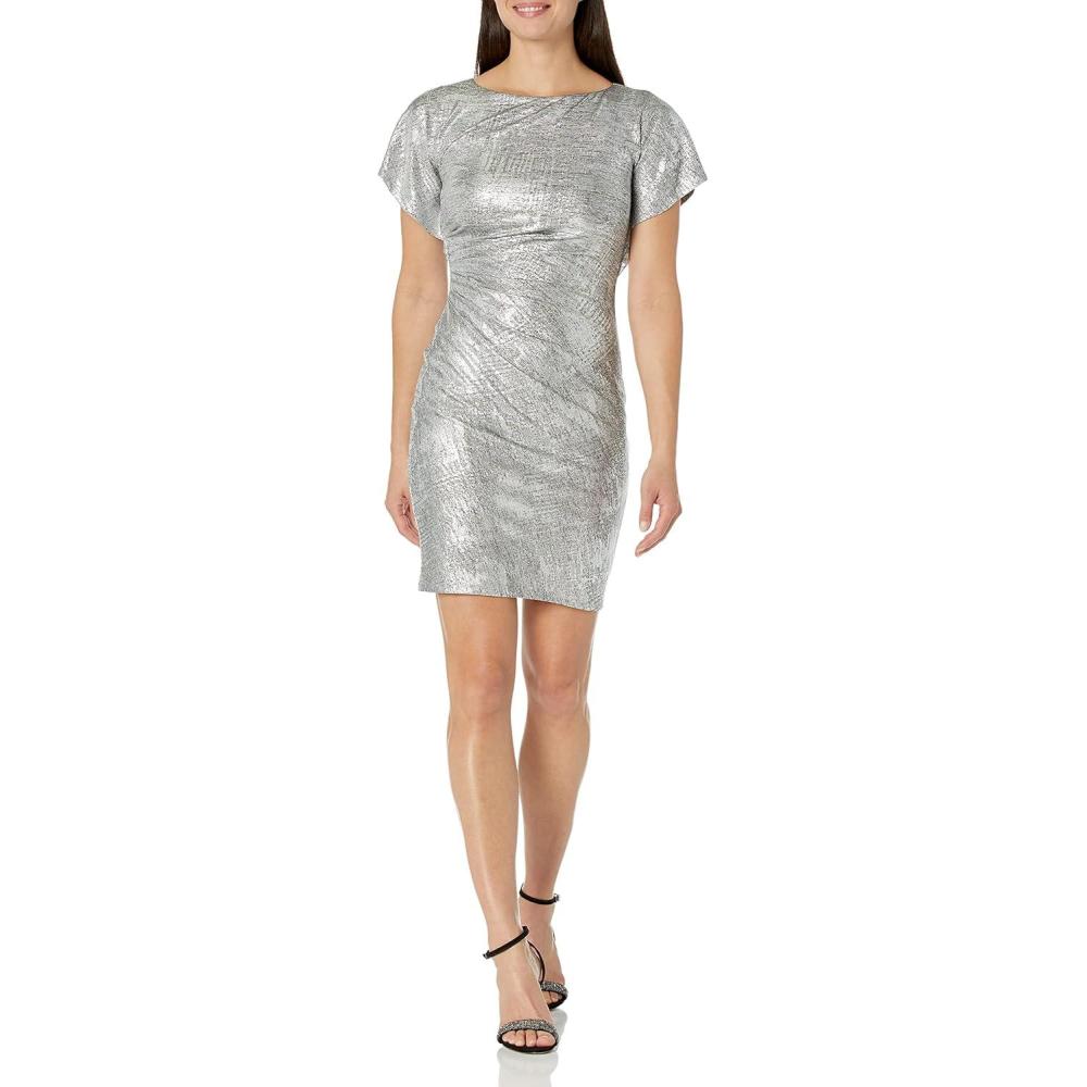 image:imageVince Camuto Womens Foil Knit Flutter Sleeve Ruched BodyconSilver