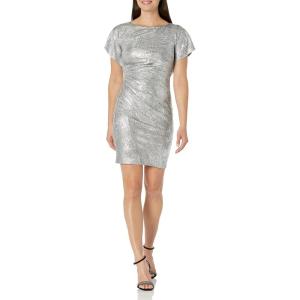 Vince Camuto Women’s Foil Knit Flutter Sleeve Ruched Bodycon(Silver)