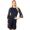Vince Camuto Womens Lace Pinch Pleat Fit and Flare with Trim Bell Sleeve(Navy)