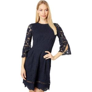 Vince Camuto Womens Lace Pinch Pleat Fit and Flare with Trim Bell Sleeve(Navy)