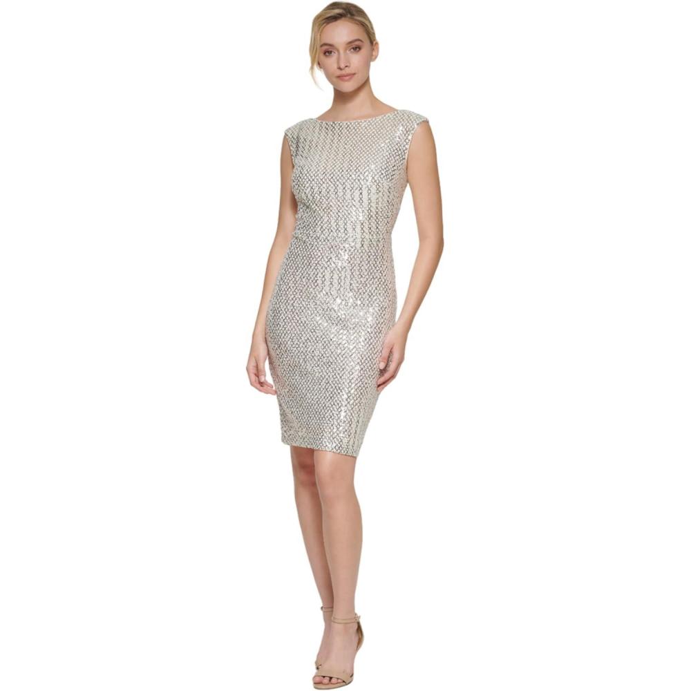image:imageVince Camuto Womens Cap Sleeve Boat Neck Sequin Sheath Mini DressChampagne