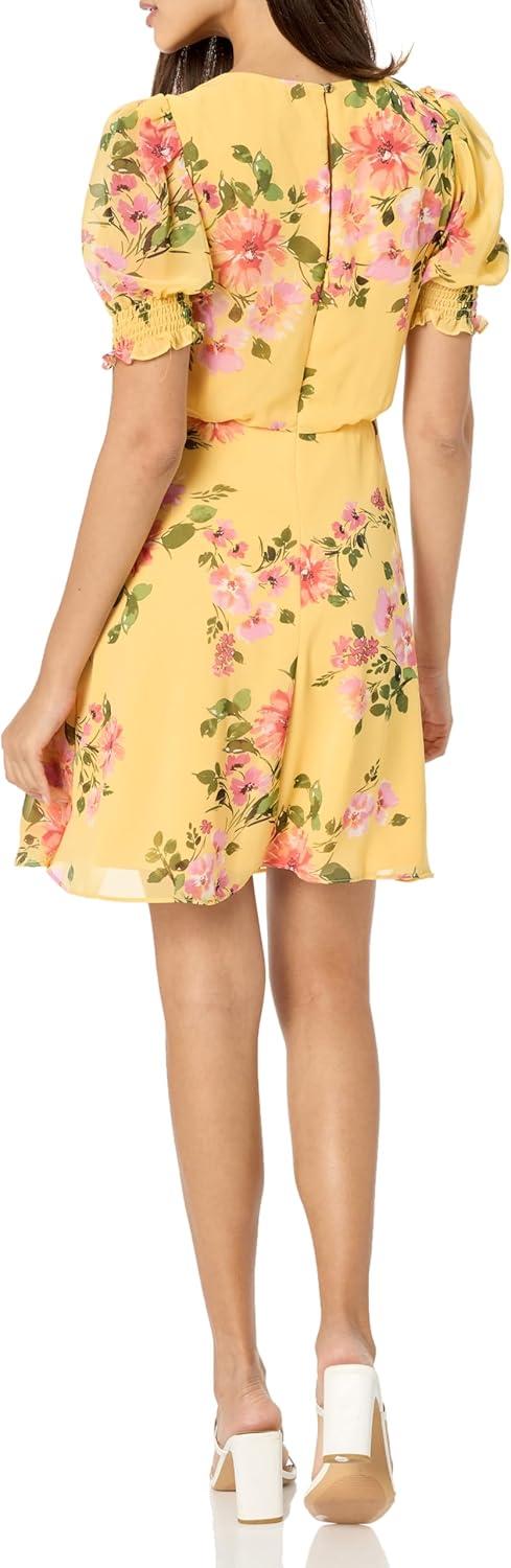 image:imageVince Camuto Womens Flutter Sleeve VNeck Fit amp Flare Chiffon Mini DressYellow Multi