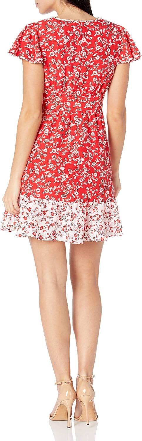 image:imageVince Camuto Womens Printed CDC Faux Wrap Fit and Flare Dress with Contrast Ruffle HemRed