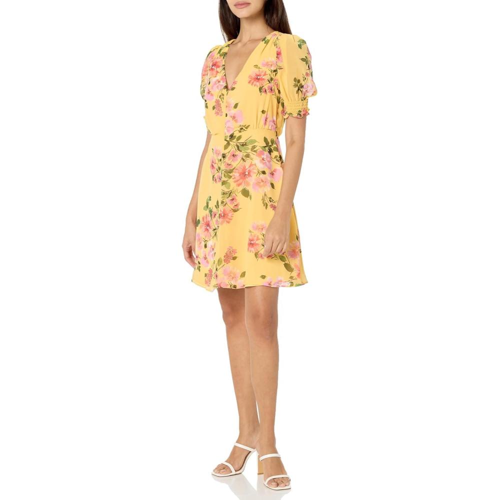 image:imageVince Camuto Womens Flutter Sleeve VNeck Fit amp Flare Chiffon Mini DressYellow Multi