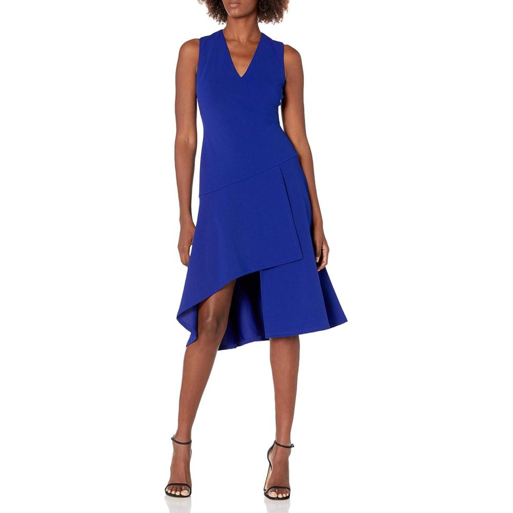image:imageVince Camuto Womens Sleeveless V Neck Dress with Diagonal and Ruffled HemCobalt