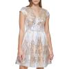 Vince Camuto Womens Jacquard Cap Sleeve V-Neck Fit and Flare(Silver)