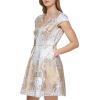 Vince Camuto Womens Jacquard Cap Sleeve V-Neck Fit and Flare(Silver)