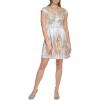 Vince Camuto Womens Jacquard Cap Sleeve V-Neck Fit and Flare(Silver)