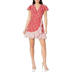 Vince Camuto Women’s Printed CDC Faux Wrap Fit and Flare Dress with Contrast Ruffle Hem(Red)