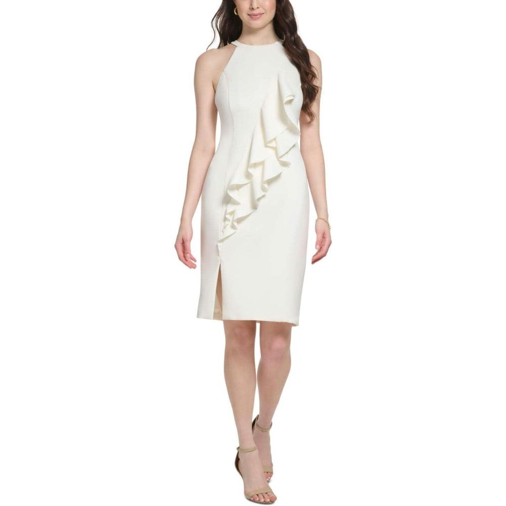 image:imageVince Camuto Womens Crepe Halter Neck Bodycon Dress with Front RufflfeIvory