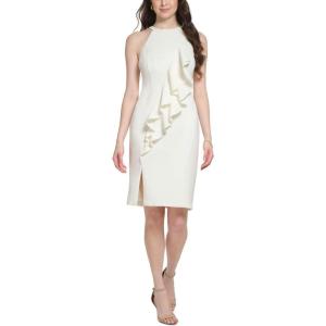 Vince Camuto Women’s Crepe Halter Neck Bodycon Dress with Front Rufflfe(Ivory)