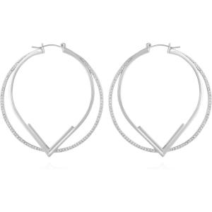 Vince Camuto Silvertone Large Pave Crystal Stone Double Hoop Earrings
