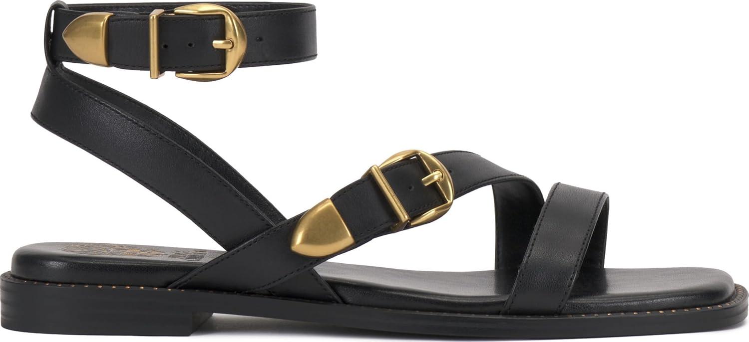 image:imageVince Camuto Womens Neiko Double Buckle Strappy Flat SandalBlack Leather