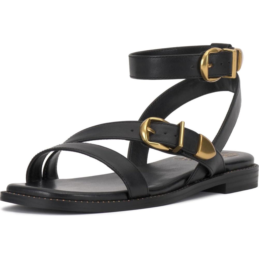 image:imageVince Camuto Womens Neiko Double Buckle Strappy Flat SandalBlack Leather