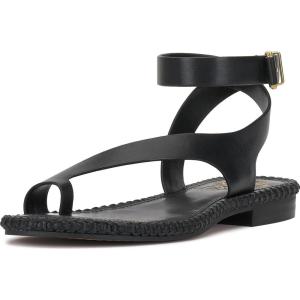 Vince Camuto Women’s Libahs Ankle Strap Toe Loop Flat Sandal(Black Leather)