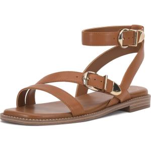 Vince Camuto Women’s Neiko Double Buckle Strappy Flat Sandal(Golden Walnut Leather)