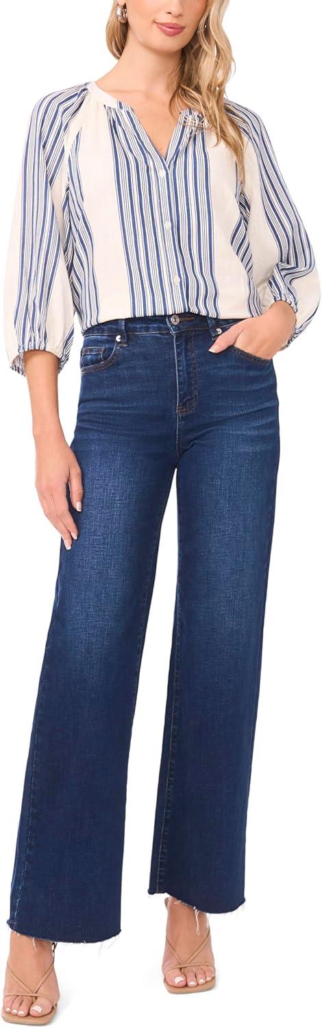 image:imageVince Camuto Womens 34 Sleeve Striped Linen Raglan Button Down BlouseDenim