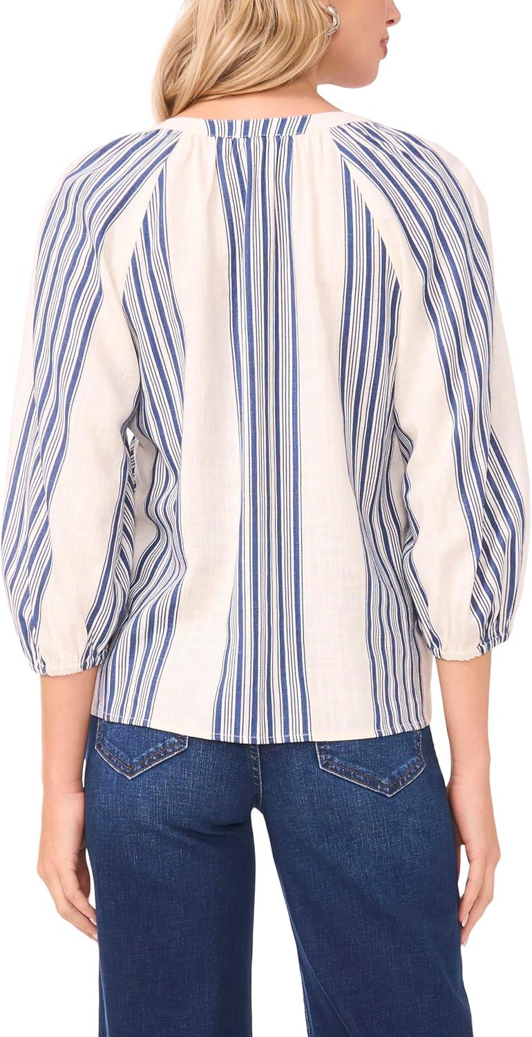 image:imageVince Camuto Womens 34 Sleeve Striped Linen Raglan Button Down BlouseDenim