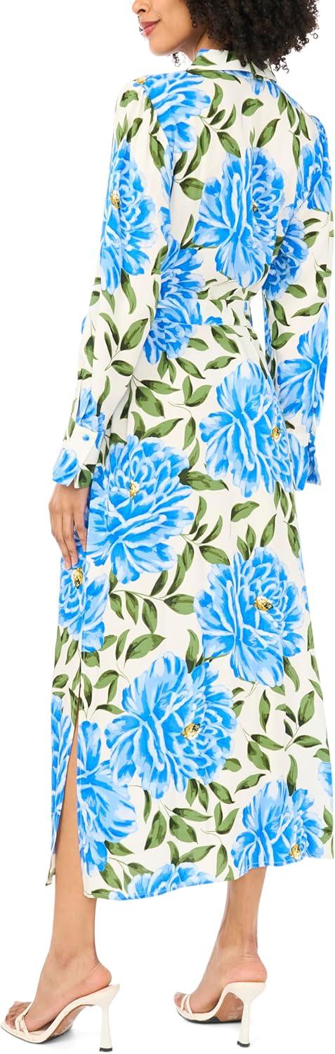 image:imageVince Camuto Womens Floral Collared Belted Midi Shirt DressDeep Blue