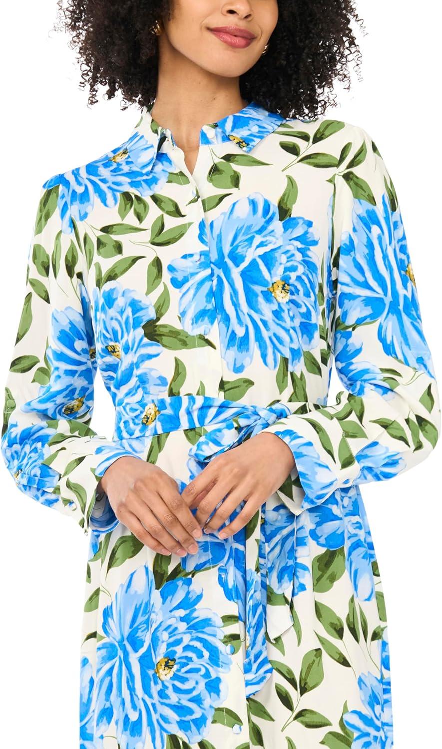 image:imageVince Camuto Womens Floral Collared Belted Midi Shirt DressDeep Blue